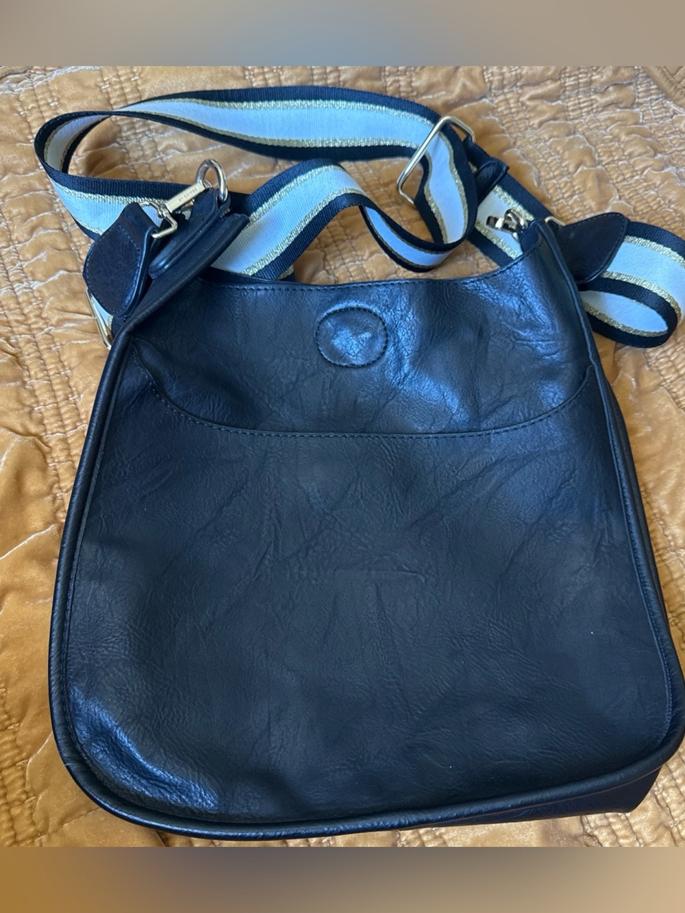 Black Leather Crossbody Bag with Striped Adjustable Strap